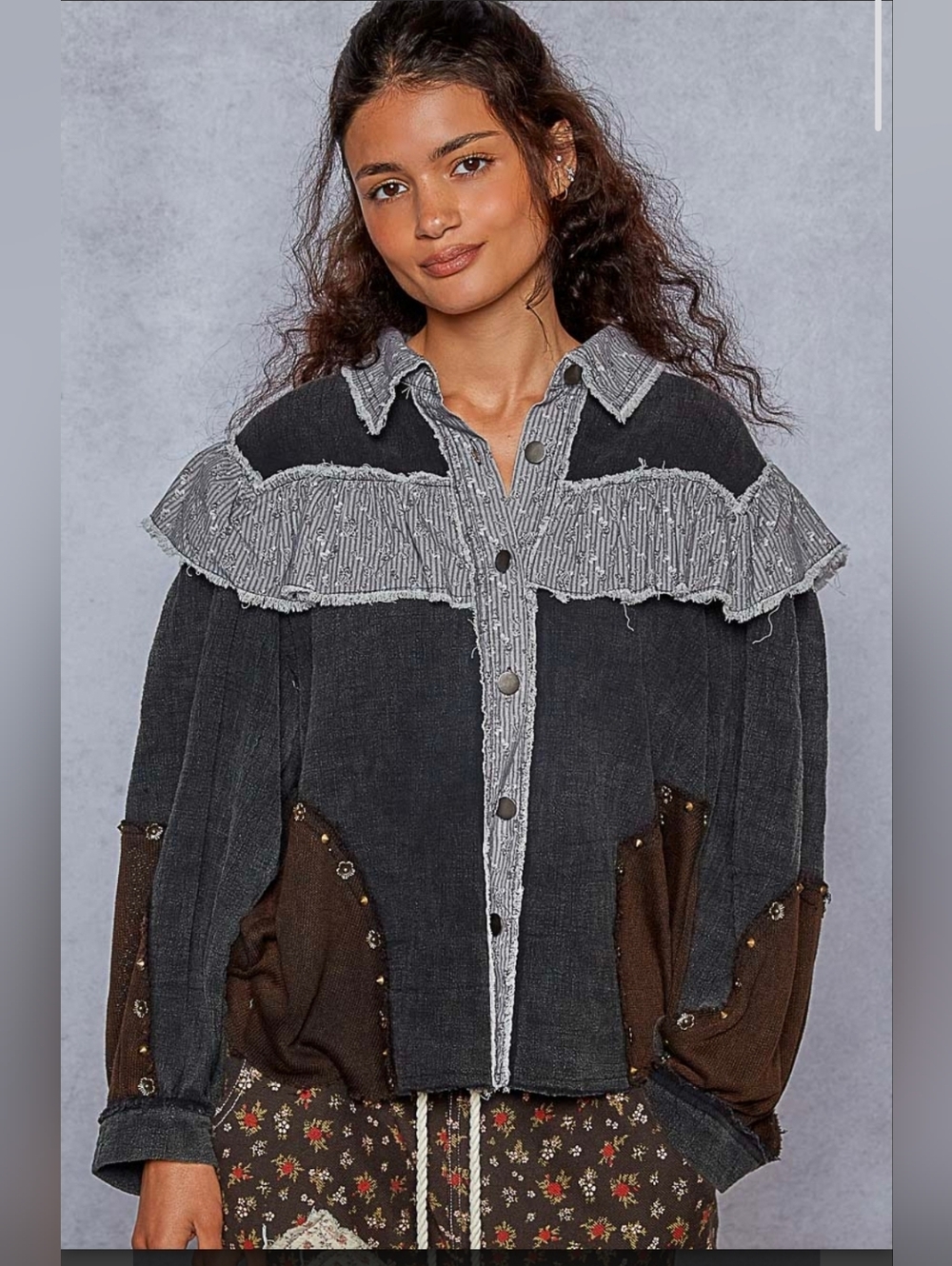 NEW!!! POL Frayed Trim Patchwork Button-Front Shacket in Charcoal & Brown, NWT
